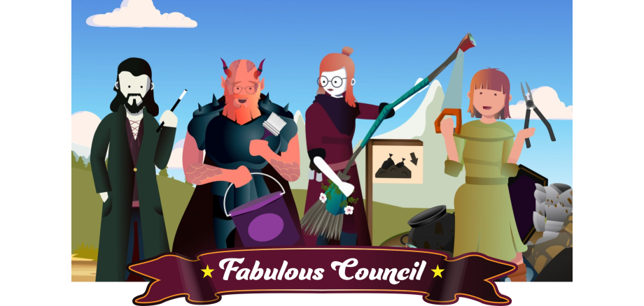 Zu sehen sind ein Hexer, ein Teufel, eine Hexe und eine Bäuerin. Davor der Schriftzug "Fabulous Council".